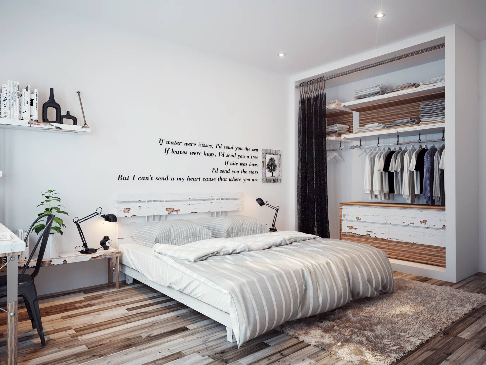 kamar tidur nuansa putih dan lantai kayu
