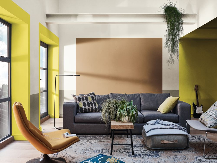 ruang tamu minimalis warna Kuning dan Jingga